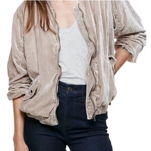 Free People Crushed  Velvet Beige Pinkish Metalic Bomber Jacket L Y2k Bomber